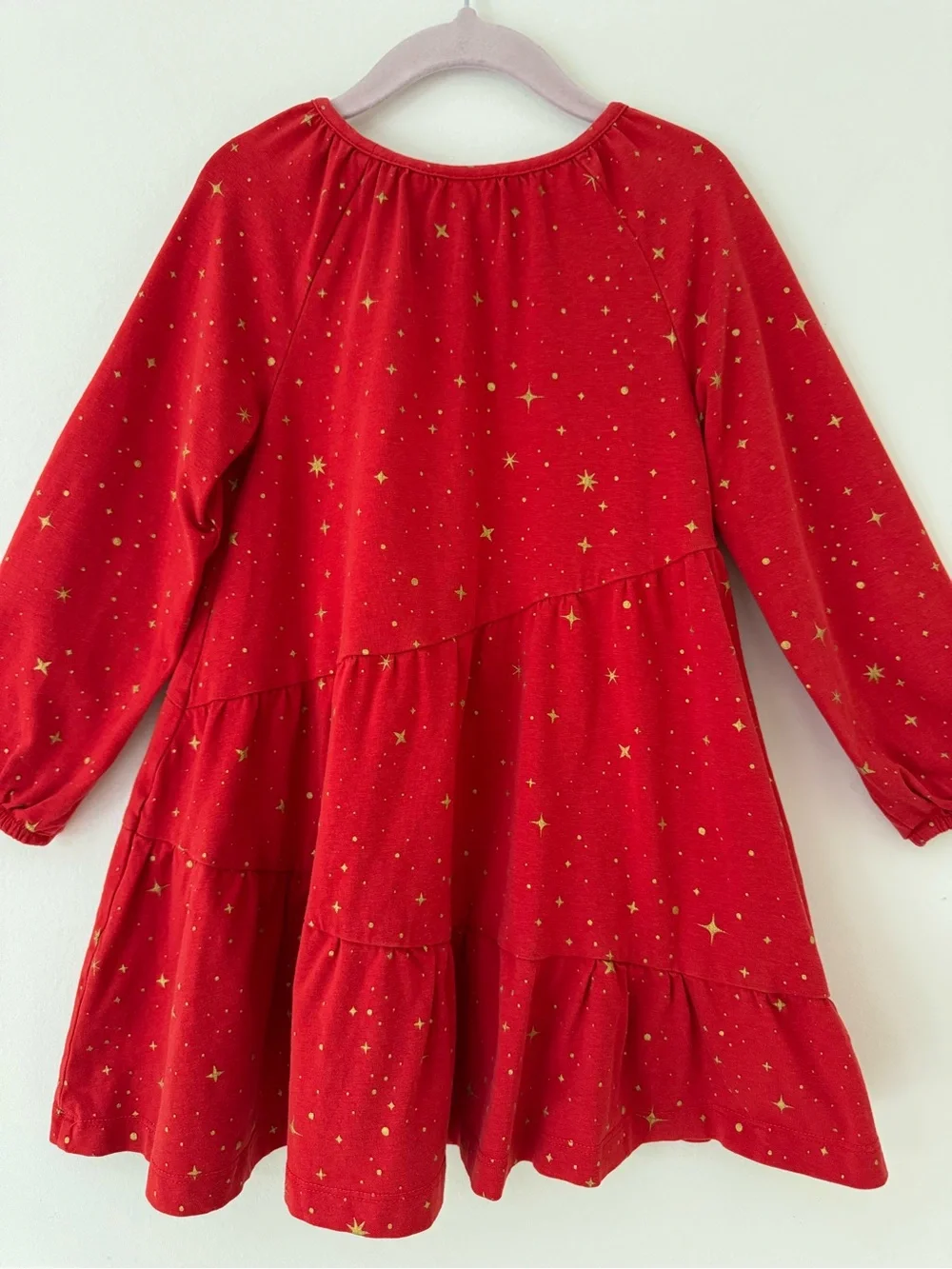 Hanna Andersson Red and Gold Long Sleeve Sparkle Tiered Dress, Size 4